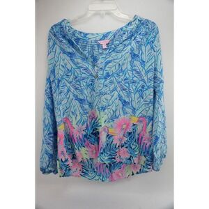 Lilly Pulitzer Blue Toucan Tropical Silk Smocked Neck Long Sleeve Blouse Top L